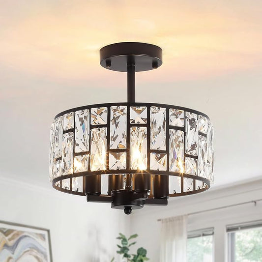 11.22’’ Crystal Ceiling Light Fixture, Black Semi Flush Mount Ceiling Light, 4-Light Modern Ceiling Light for Hallway Entryway Kitchen Bedroom Bathroom