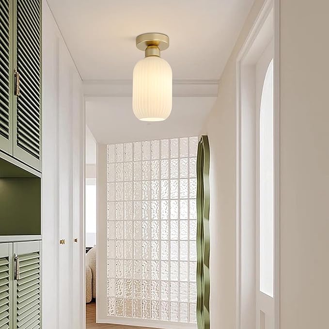 KCO Milk Glass Flush Mount Ceiling Light Mini Ribbed White Glass Mid Century Modern Semi Flush Mount Brass Bathroom Ceiling Light 11.4" x 5.5" x 4.7" Gold & White