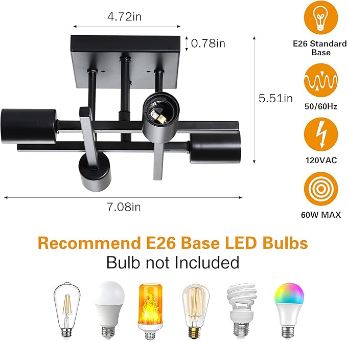 Industrial 4-Light Semi Flush Mount Ceiling Light Fixtures, Farmhouse Black Chandelier Lighting, Modern E26 Base Sputnik Ceiling Lamps for Bedroom Living Room Hallway Entryway, 2 Pack