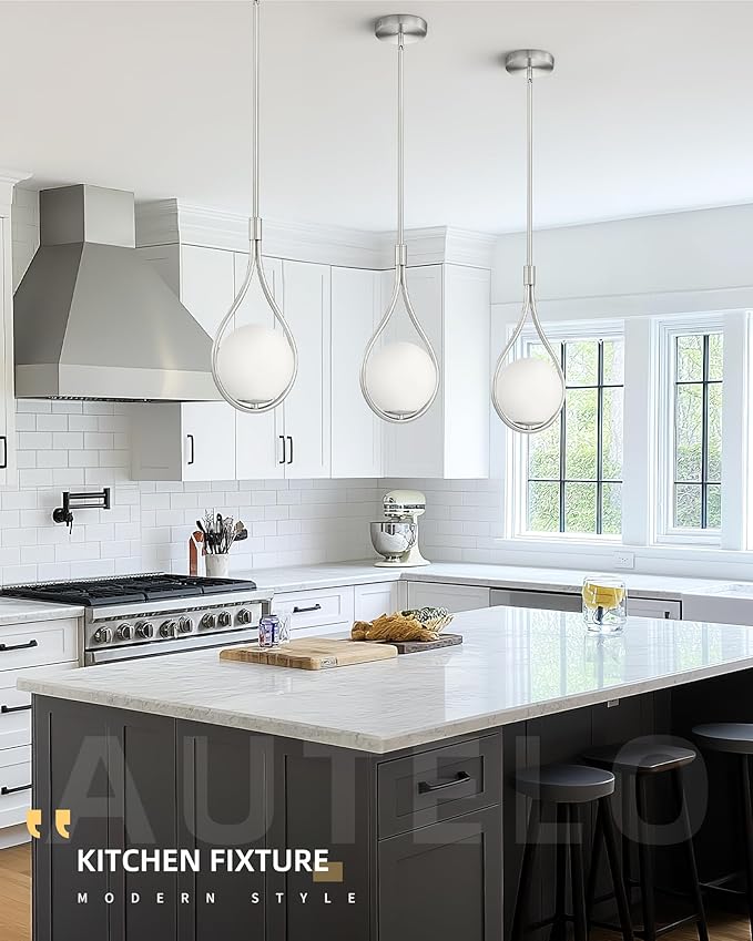 Autelo 2 Pack Pendant Lights Kitchen Island, 1-Light Pendant Lights in Brushed Nickel Finish with Milky White Globe Glass, Nickel Pendant Light Fixtures, Hanging Lamp for Kitchen Island H9377 MGST-2PK