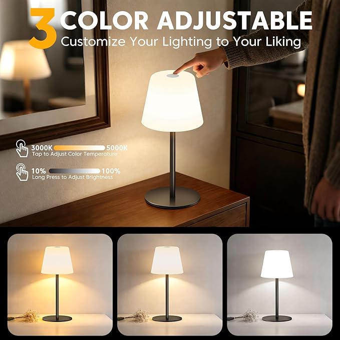 NEEZUKAR Cordless Table Lamp for Bedroom,Rechargeable IP65 Waterproof Shower Lamp with Battery Operated, Touch Dimmable LED Desk Light for Bathroom,Kitchen,Outdoor Patio (Black)