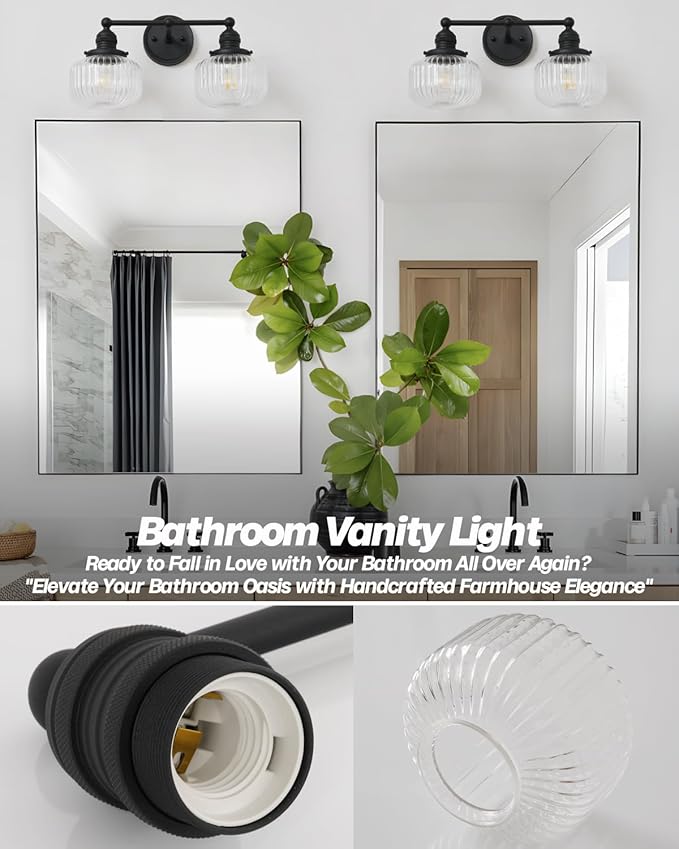 2-Lights Wall Sconces,Vintage Double Arm Black Bathroom Vanity Light with Clear Striped Glass Shade Hardwire Indoor Wall Sconce Lighting for Bathroom Living Room Bedroom Kitchen