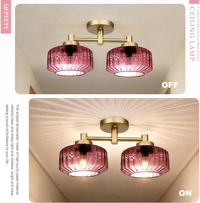 2-Light Purple Flush Mount Ceiling Light Fixture, Modern Close to Ceiling Chandelier, Overhead Lighting for Bedroom, Hallway, Entryway, Living Room, Easy to Install