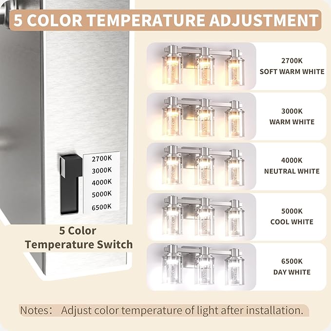 Quntis Brush Nickle Bathroom Lighting Fixtures with 5 Color Mode, 3-Light Dimmable Modern Bathroom Vanity Light Over Mirror, 21 Watt Eye Protection LED Wall Lamp 16 Inch (UL Certified, Bulbs Included)