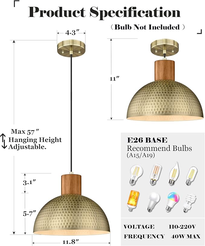 ELYONA 2 Pack Hammered Pendant Lights 12” Vintage Metal & Wood Dome Hanging Lamp Antique Gold Industrial Kitchen Pendant Light Fixtures for Island, Farmhouse, Dining Room, Sink, Hallway, Brushed Brass