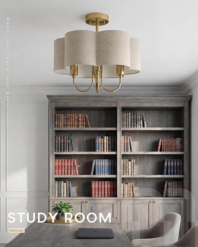 Gold Semi Flush Mount Ceiling Light, 18" 4-Light Light Fixtures Ceiling Mount with Brown Linen Petal Shade for Kitchen Nursery Entryway Hallway Bedroom, E26 Base, SM179-BG-L-6
