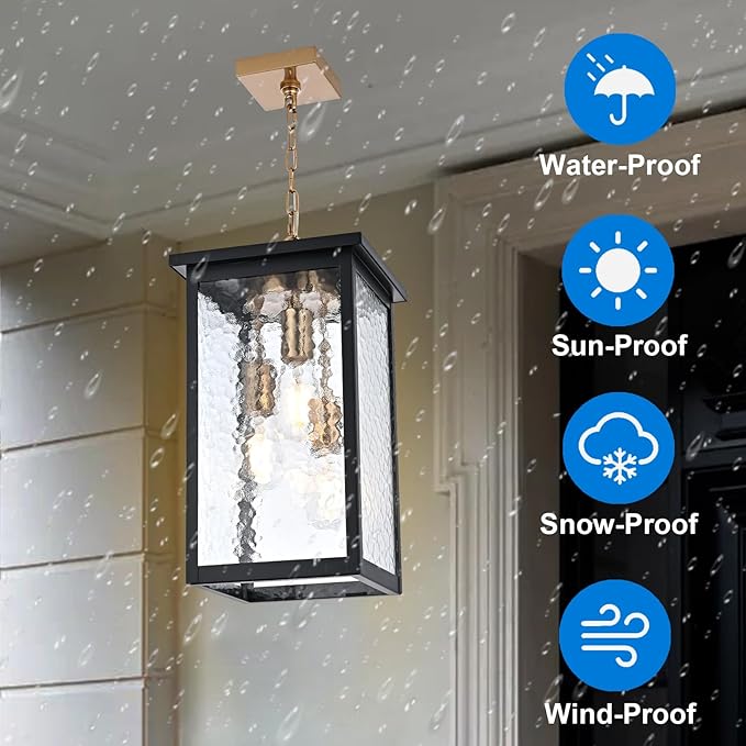 Outdoor Pendant Light Fixture, 3-Light Vintage Black & Brushed Brass Farmhouse Exterior Hanging Lights with Hammer Glass Adjustable Chain, Outdoor Hanging Lantern for Porch Entrance Foyer Front