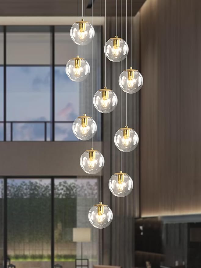 ykolupty 10-Light LED Staircase Modern Glass Globe Pendant Light Gold Chandeliers Large Chandeliers for High Ceilings, Entryway Lighting Fixture Villas and Stairs