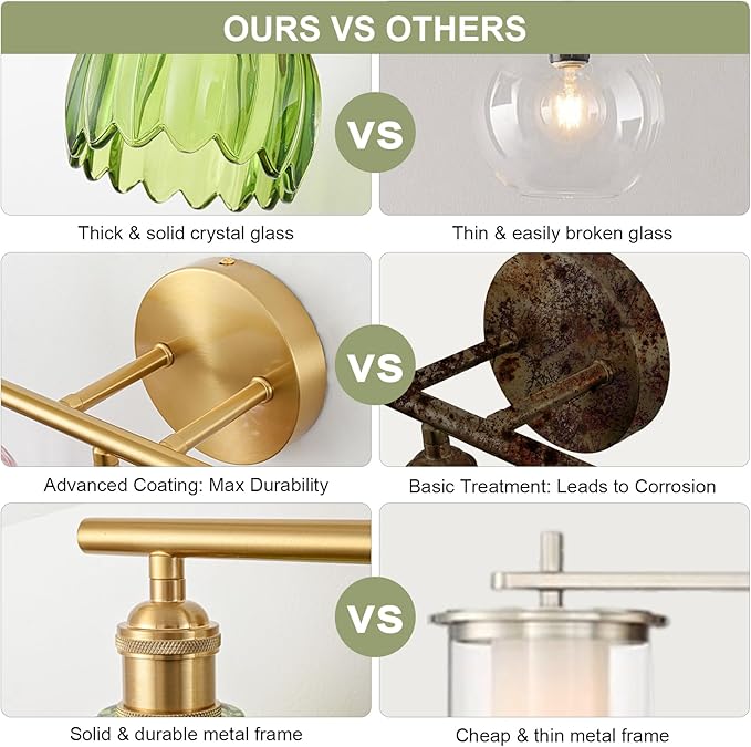 Gold Bathroom Light Fixtures Over Mirror, 3 Light Bathroom Vanity Light Fixture with Tulip Green Glass Lampshade, Vintage Vanity Lights for Bathroom, Bathroom Vanity Lights Over Mirror