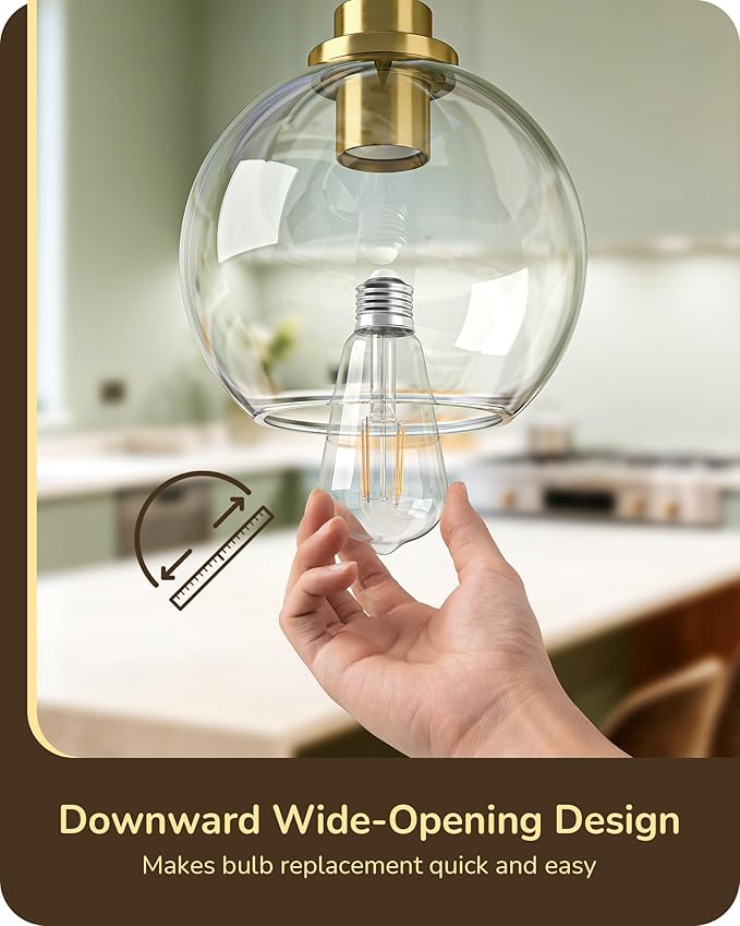 EDISHINE Pendant Lights Kitchen Island, Modern Gold Hanging Light Fixture with Clear Glass Globe Shade, Hardwired Adjustable Metal Rod for Dining Room, Entryway, 1 Pack