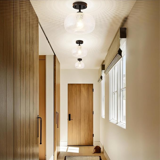 Modern Black Flush Mount Ceiling Light Fixtures,Hammered Globe Lighting Adjustable Hanging with Seeded Glass Lampshade for Entryway Bedroom Kitchen Hallway Laundry Room,E26 1-Light Lamp,9.84 In