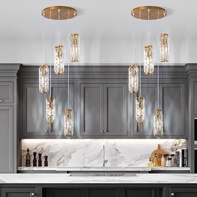 LMQNINE Pendant Light, Gold Modern Pendant Light Fixtures, Mini Crystal Chandeliers, Adjustable 5-Light Pendant Lighting for Kitchen Island Dinning Room Bedroom (Gold 5-Light)