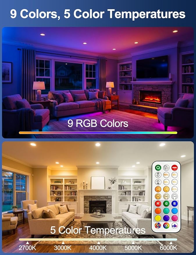 HEKEE LED Reccessed Downlights, Color Changing, 6 Inch, Recessed Ceiling Lights (6 Packs)
