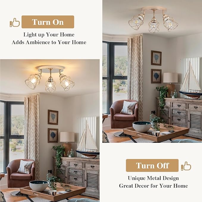Kitchen Light Fixtures - 3-Lights Multi-Directional Ceiling Lamp with E26 Base, Adjustable Flush Mount for Hallway, Farmhouse, Kitchen, Dining Room, Entryway