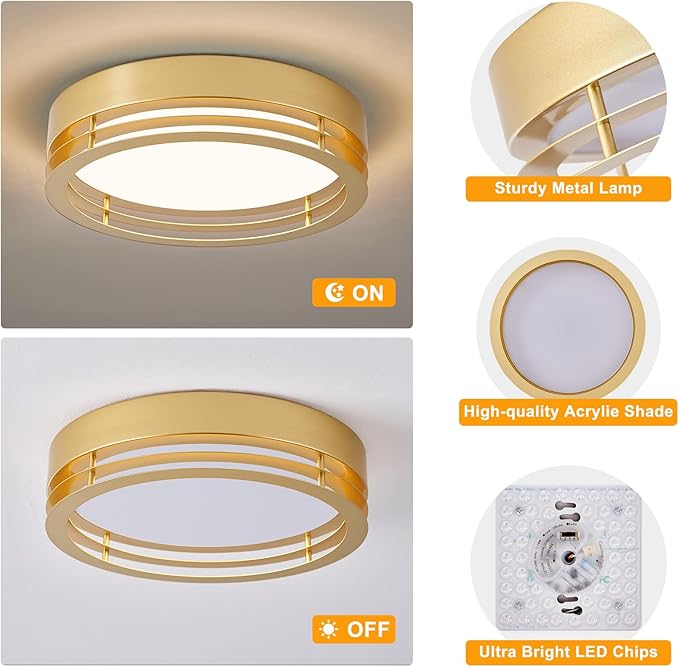 Dimmable Gold Flush Mount Ceiling Light, Modern Round LED Ceiling Lights Fixture, Kitchen Flushmount Light for Bedroom Hallway Laundry Room 2700 K-6000 K 5CCT