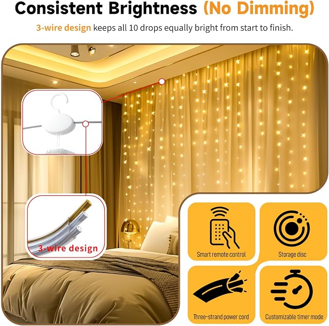 HXWEIYE 300LED Untangled Curtain Lights, 9.8x9.8Ft USB Fairy Twinkle String Lights with Remote and DIY Timer, 8 Modes Window Wall Hanging Light for Bedroom Dorm Backdrop Room Decor, Warm White