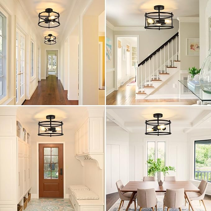 Semi Flush Mount Ceiling Light 12.59'' Farmhouse Black Ceiling Light Fixtures Industrial Kitchen Light Fixtures 3-Light Metal Cage Ceiling Lights for Bedroom, Living Room, Hallway, Foyer