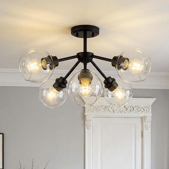 6-Light Semi Flush Mount Ceiling Light, 22" Modern Light Fixtures Ceiling Mount with Globe Clear Glass Shade, Matte Black Light Fixtures for Kitchen Entryway Bedroom, SM195-MB-6