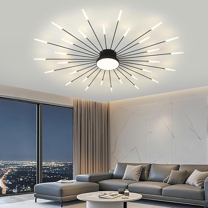 ziidoo Modern Ceiling Light,30+1 Lights Metal Firework Designed Chic Led Lighting Fixture for Farmhouse Kitchen Dining Room Bedroom Hallway Living Room (Black)
