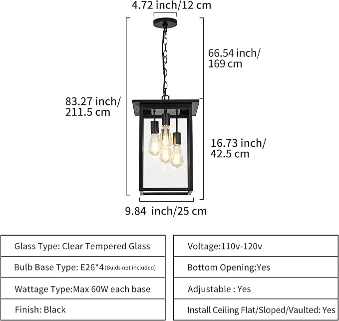 Large Outdoor Pendant Light Fixtures 4-Light Black Exterior Hanging Lantern with Clear Glass Outside Chandelier for Porch Front Door House Front Porch Entrance Foyer Entryway(Bulb Not Included)