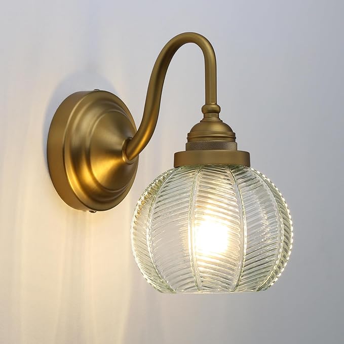 PERMO Vintage Wall Sconce with Clear Ribbed Glass Shade Retro Gold Sconce Bronze Bathroom Wall Light for Loft Kitchen Living Room Bedroom Hallway Doorway