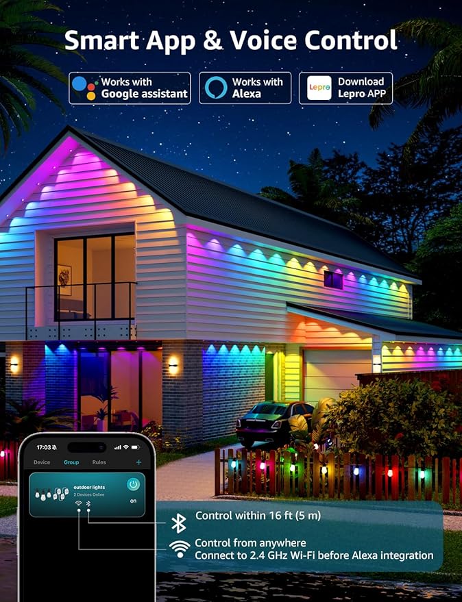 Lepro EE1 AI Permanent Outdoor Lights with Dual-Output, 200ft 120 LED RGB+IC Smart Outside Light for House Christmas Decor,Alexa Google Enabled 2.4 GHz WiFi/Bluetooth, APP Control No Remote Controller