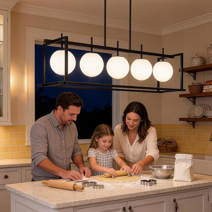 DSMJFU Black Farmhouse Rectangular Chandelier for Dining Room, 5-Light Linear Pendant Lighting, Rectangular Kitchen Island Light with Milky White Glass Ball Shades, Adjustable Height Hanging Lighting