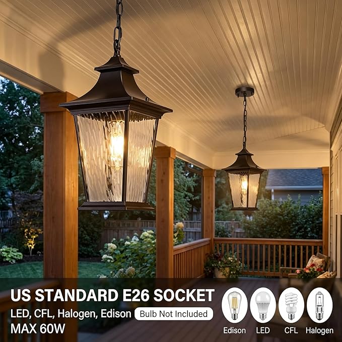 Outdoor Pendant Lights for Porch 16.5" Large Dusk to Dawn Outdoor Chandelier with Water Ripple Glass Oil Rubbed Bronze Modern Hanging Porch Light with Adjustable Chain E27 Socket