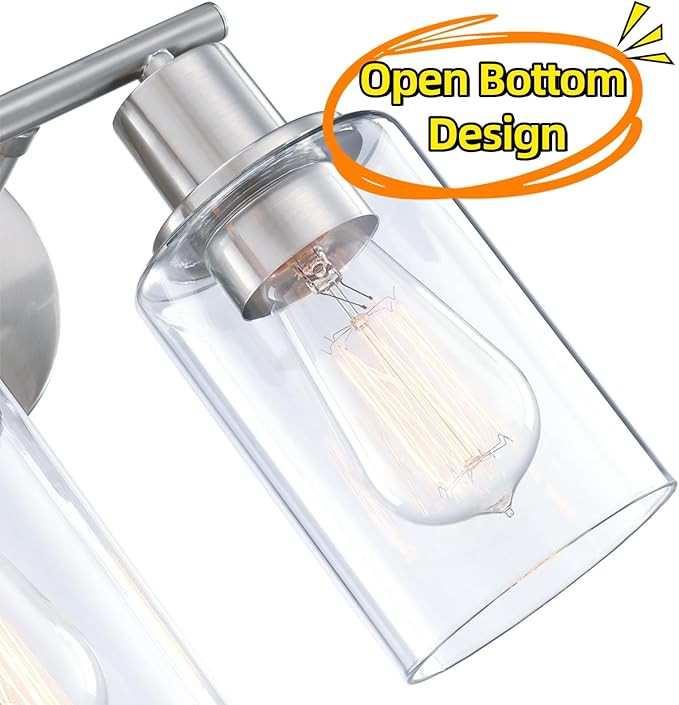 WISBEAM 2-Light Bathroom Vanity Light, Brushed Nickel Bathroom Light Fixtures Over Mirror with Clear Glass Shade Including E26 Medium Base, Bulb NOT Included