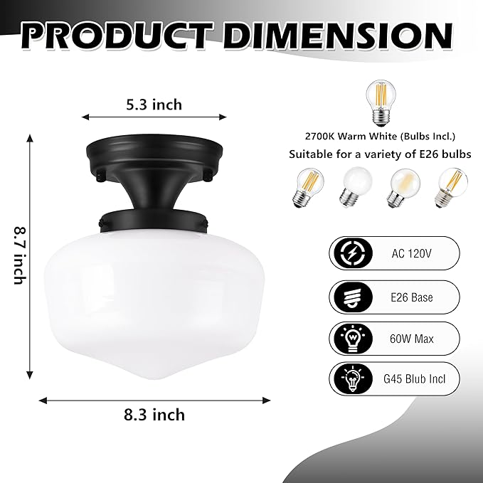 Black Schoolhouse Light Fixture 8" Mid Century Light Fixture Schoolhouse Light Fixtures Ceiling Milk Glass Light Fixtures Semi Flush Mount Ceiling Light for Bathroom (Bulb Incl.)