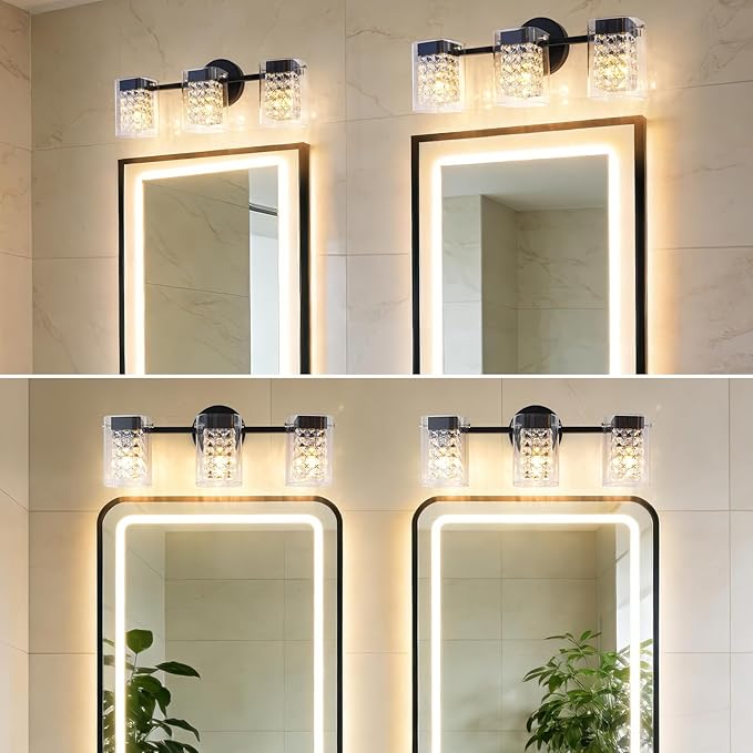Modern Crystal Vanity Lights, 3-Light Black Bathroom Light Fixtures with Clear Shades, Bathroom Lighting Fixtures Over Mirror Wall Light for Hallway, Decoration,Bedroom（Exclude Bulb）