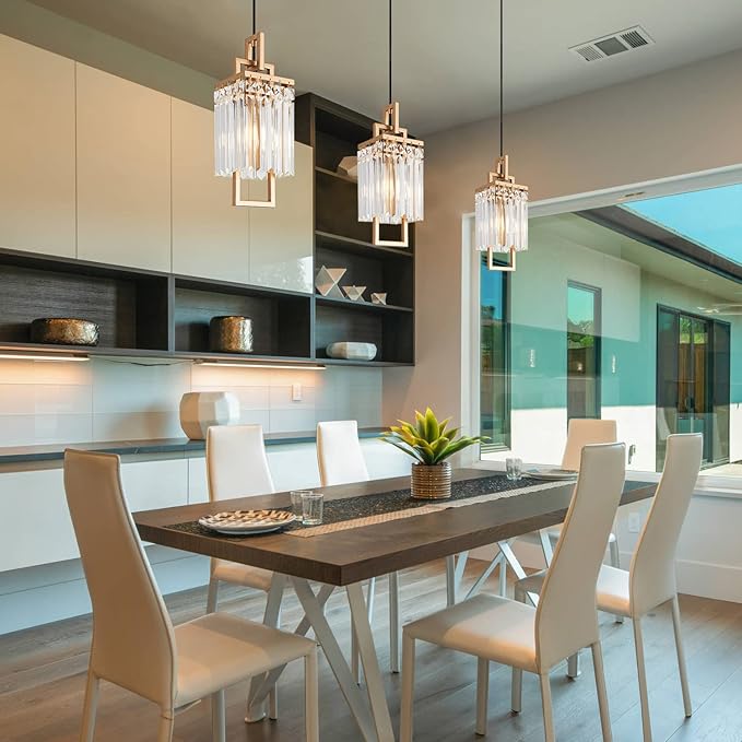 Modern Gold Pendant Light Fixtures for Kitchen Island and Dining Room, Industrial Small Hanging Crystal Chandelier Light Fixture for Bedroom Entryway Living Room Foyer Hallway 1-Pack