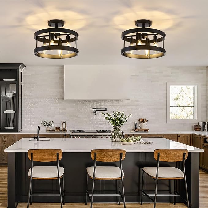 Modern Black fixtures light Close to Ceiling,Farmhouse 4-Light Semi-Flush Mount Pendant Light,Industrial Metal Ceiling Light for Kitchen Entryway Dining Laundry Room Dining Room Hallway UL-Listed