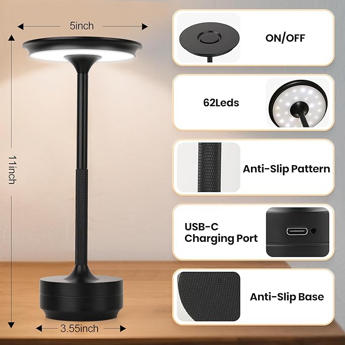 Cordless Table Lamp Rechargeable 5000mAh, 3-Color Stepless Dimming Touch Sensor, Portable LED Desk Light for Bedroom, Nightstand, Camping, Patio (1-Pack Black)