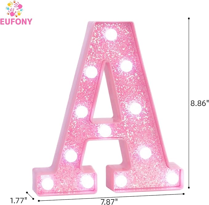 Pink Marquee Light Up Letters, Glitter Alphabet LED Letter Lights for Pink Birthday Party Decorations, Battery Operated Letter Sign for Girls Room Vanity Table Decor, Cool White Lights Letter A