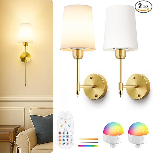 Battery Operated Wall Sconces Set of 2, Bronze Cordless Wall Lights with Rechargeable Magnetic Bulbs and Remote, Dimmable & 15 RGB Colors Wall Lamps for Bedroom Living Room Hallway 23Inch