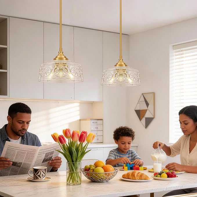 Vintage 3-Light Pendant Light With Embossed Glass Shade, Farmhouse Brushed Gold Pendant Lights Kitchen Island, 2-in-1 Adjustable Hanging & Semi-Flush Mount for Bathroom,Dining Room,Bedroom,Hallway,E12
