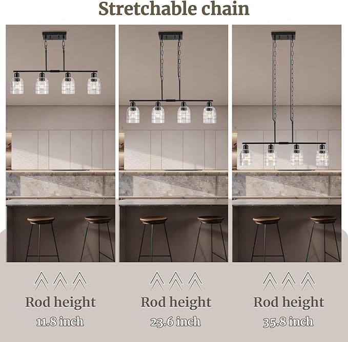 FRIXCHUR Black Kitchen Island Lighting, 4-Lights Linear Chandelier Pendant Light with Clear Glass Shade, Height Adjustable Industrial Chandelier Pendant Light for Kitchen Island Dining Room
