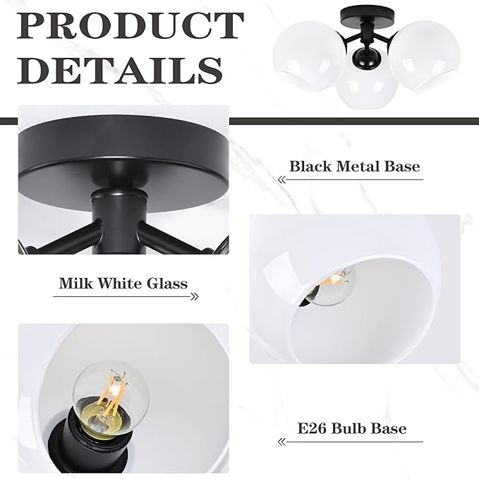 KoKo&Yukina 3-Light Mid Century Modern Black Semi Flush Mount Ceiling Light Globe Sputnik Chandelier Fixture Milk Glass Globe Ceiling Lights for Bedroom Living Room Hallway Entryway Foyer