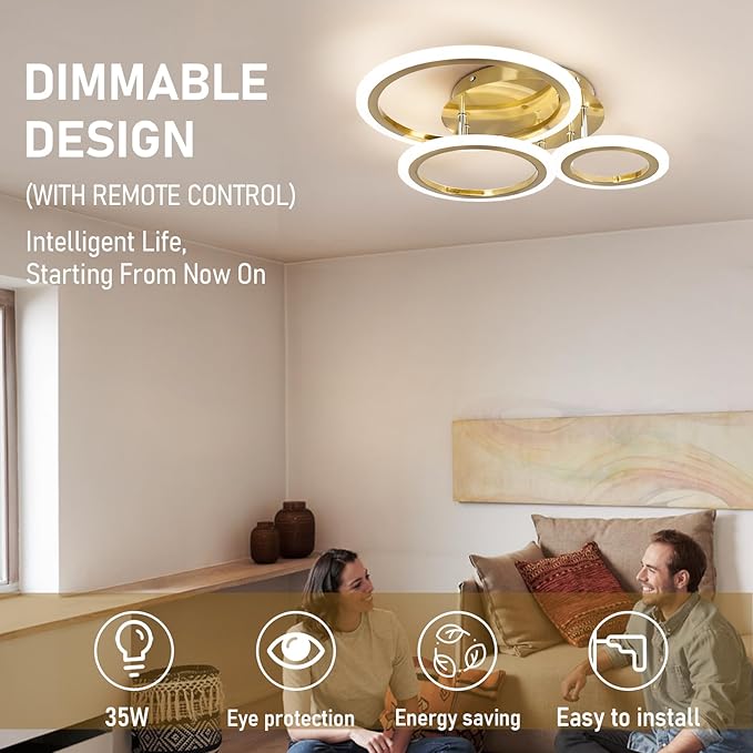 Dimmable Modern Led Ceiling Light 3 Rings 35W Dimming Circle Modern Living Room Light Fixture Gold Acrylic Flush Mount Ceiling Light with Remote for Bedroom Bathroom Kitchen Balcony Corridor
