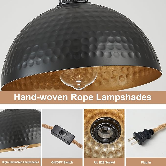 3 Light Plug in Pendant Lights Hammered Dome Hanging Lamp with Switch 22 Ft Long Hemp Rope Farmhouse Pndant Light Cord Lighting Fixture DIY Hanging Light