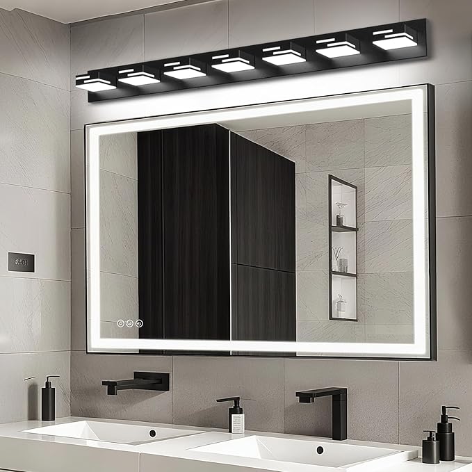 LED Modern Bathroom Vanity Light Fixtures, 7-Light 48-inch Dimmable Matte Black Vanity Lights for Bathroom Lighting Fixtures Over Mirror, with 360° Rotatable Acrylic Heads (Cool White 6000K)
