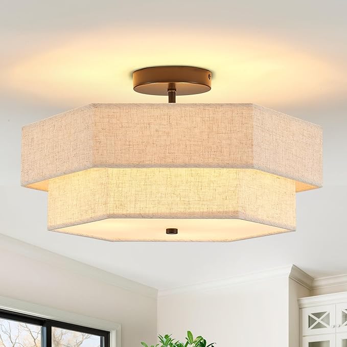 Large Semi Flush Mount Ceiling Light 18" Modern Black Drum Ceiling Lighting Fixture with Linen Shade Vintage Ceiling Lamp for Living Room, Bedroom, Kitchen, Dining Room, Hallway, and Entryway