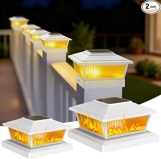 KEILAIMO Solar Post Cap Lights Outdoor for 4x4 5x5 6x6 Wood/Vinyl Posts, 2 Pack Fence Post Solar Lights with Flickering Flame & Warm Modes for Deck/Garden/Patio, IP65 Waterproof - Glossy White