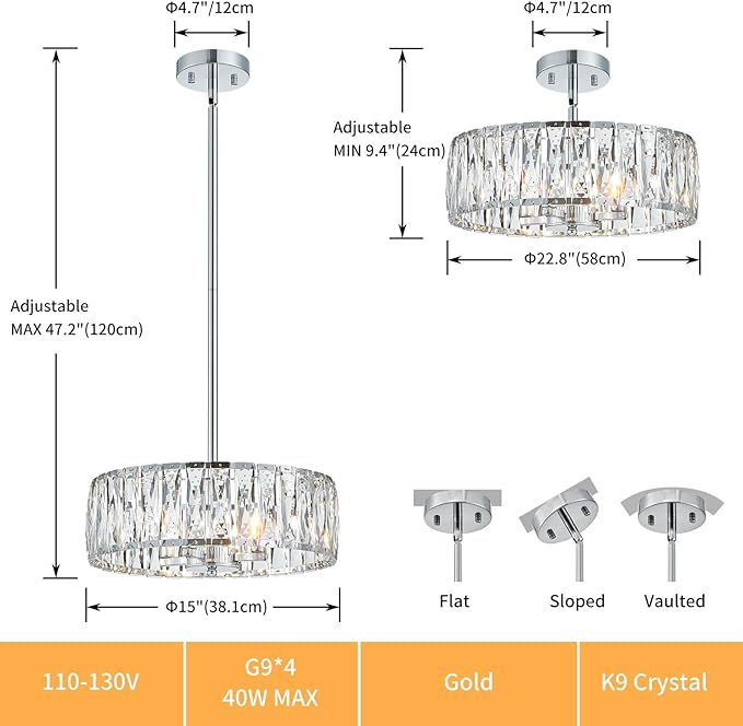 K9 Crystal Chandeliers, 4-Light Modern Pendant Light Fixture for Living Room, Dinning Room, D15 × H9~47inch(Adjustable Height), Chrome Finish Frame & K9 Crystal