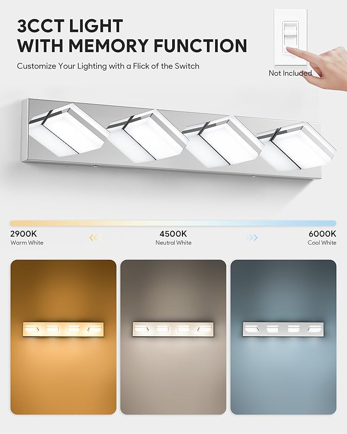 VONLUCE Bathroom Vanity Light Fixture, 4-Light Modern LED Vanity Light, 3CCT Adjustable Bathroom Lights with Memory Function Rotatable Shades, 26" Wall Lighting Fixture Over Mirror, Chrome