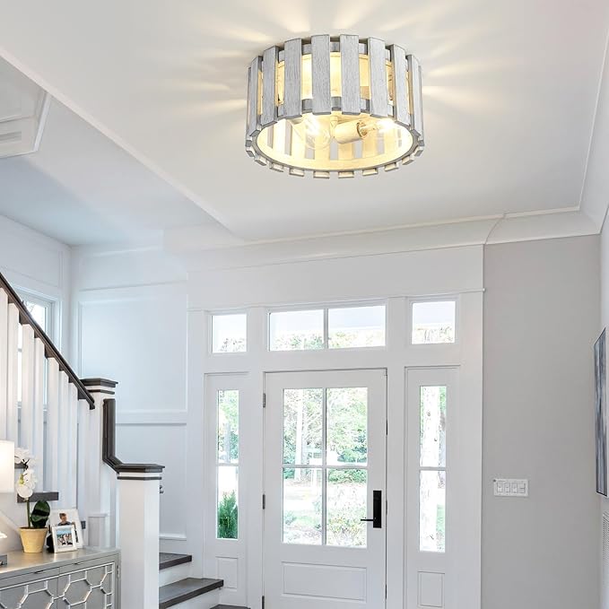 Farmhouse Flush Mount Ceiling Light, 12.2 Inch 3-Light Metal and Wood Close to Ceiling Light Fixture, White Hallway Light Fixtures Ceiling, Rustic Drum Ceiling Light for Kitchen, Entryway, Hallway
