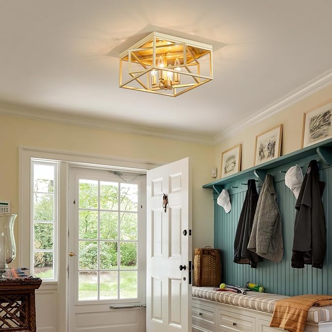 Square Ceiling Light, 4-Light Flushmount Modern Close to Ceiling Light Fixture for Living Room, Bedroom, Dining Room, L13 x W13 x H7 inch, Gold Finish Frame