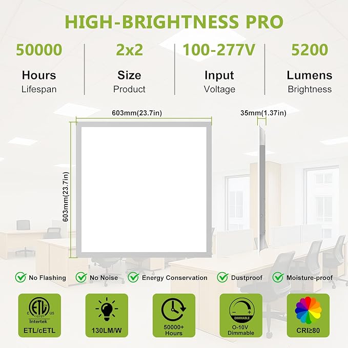 6 Pack 2x2 LED Flat Panel Light Drop Ceiling Light Fixture, 5200LM, 5CCT LED Drop Surface Mount Ceiling Office Light, 40W/35W/30W/25W/20W Selectable,6500K/5000K/4000K/3500K/3000K,Dimmable 0-10V,ETL