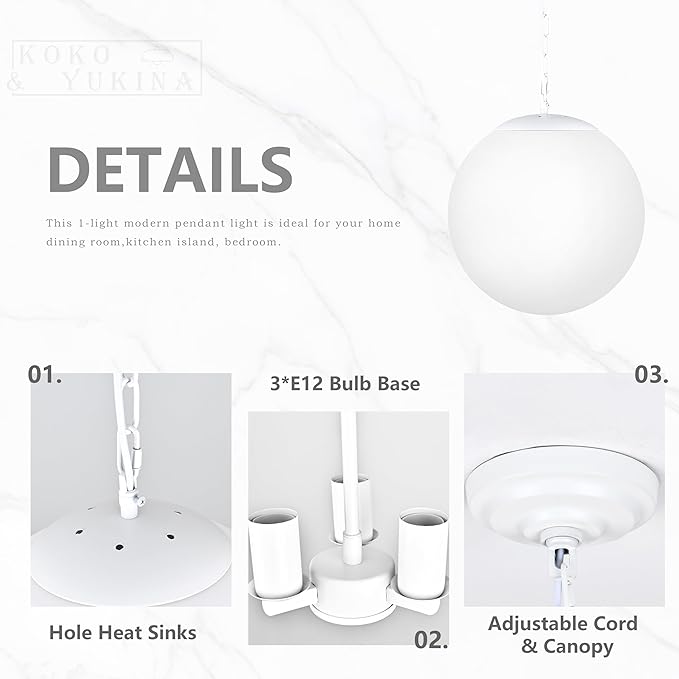 KoKo&Yukina 14 Inch Globe Pendant Light Adjustable White Globe Pendant Lights Kitchen Island Mid Century Light Fixture with Milky White Glass Shade for Living Room